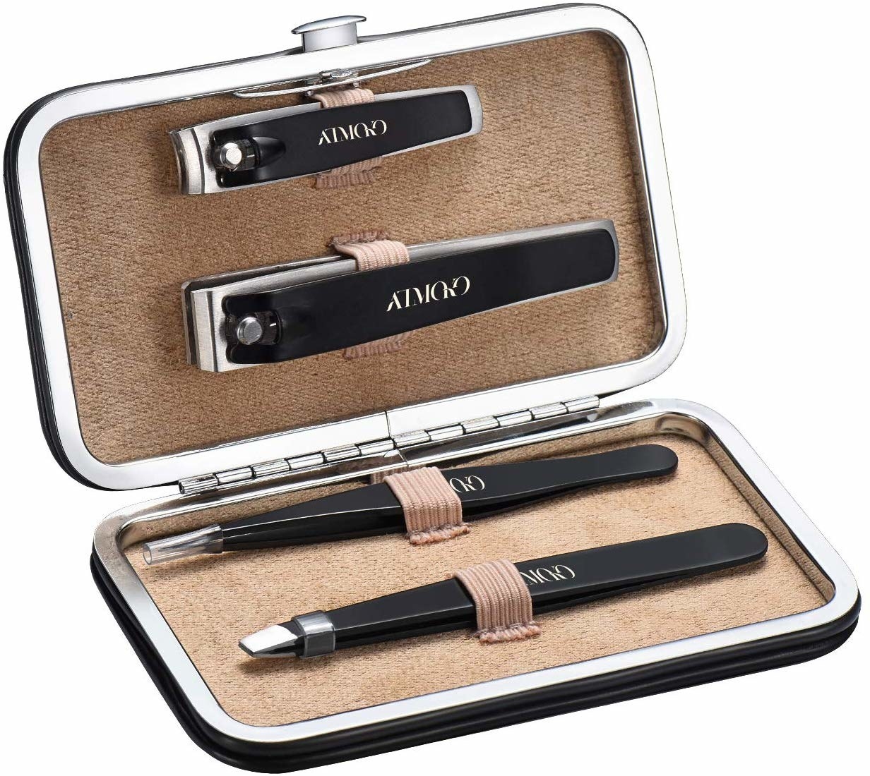 A small case with two tweezers and two nail clippers inside