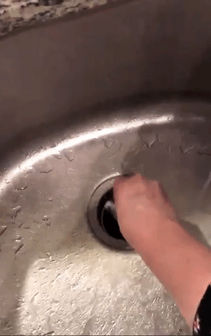 a reviewer's hand putting the packet down the sink into the disposal
