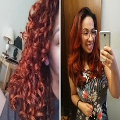 reviewer showing their curly hair before using the hot air brush, and it looking more straight with wavy ends at the bottom after