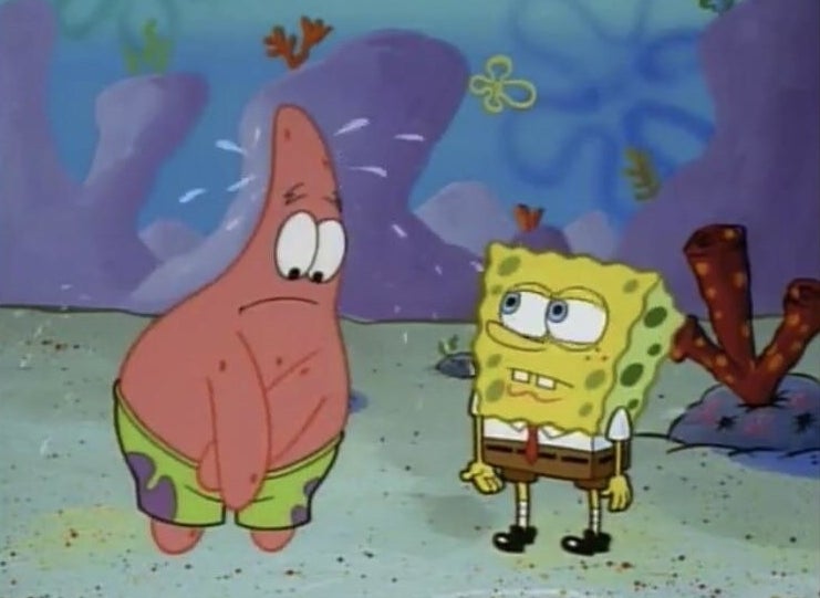 Patrick covering his crotch while he stands in front of Spongebob.