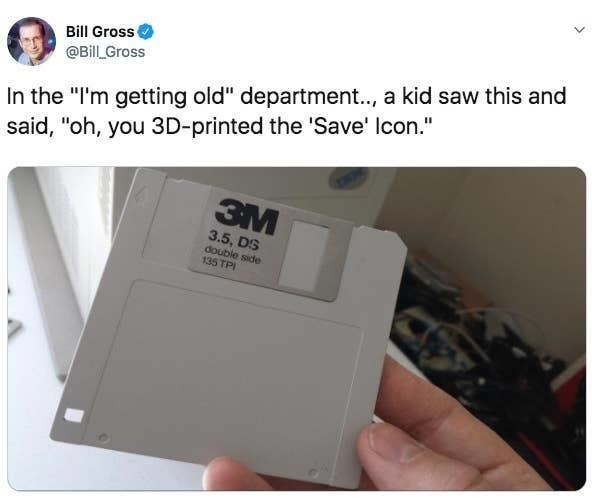 tweet reading in the i&#x27;m getting old department a kid saw this and said oh you 3d printed a save icon with a picture of a floppy disc
