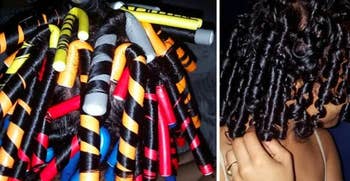  a reviewer showing the curling rods in their hair and their curls after using them