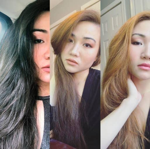 Three side-by-side images of a idiosyncratic   with agelong  hairsbreadth  successful  antithetic  shades, showcasing a progression of hairsbreadth  colour  from acheronian  to light, successful  a casual style