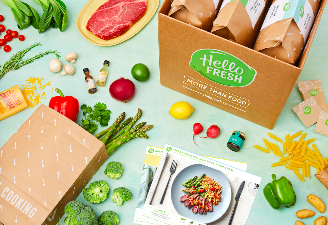 A box filled with groceries with fresh food surrounding it