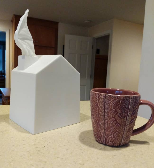 A white tissue box shaped like a house with a chimney that a tissue is coming out of, propped on a table 