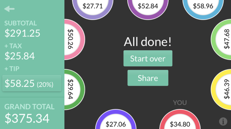 screenshot of the app, showing nine different plates and different totals for each one with a grand total of $375.34