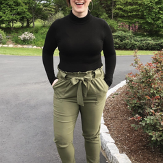 Reviewer wears same trousers in an olive green color with leopard flats