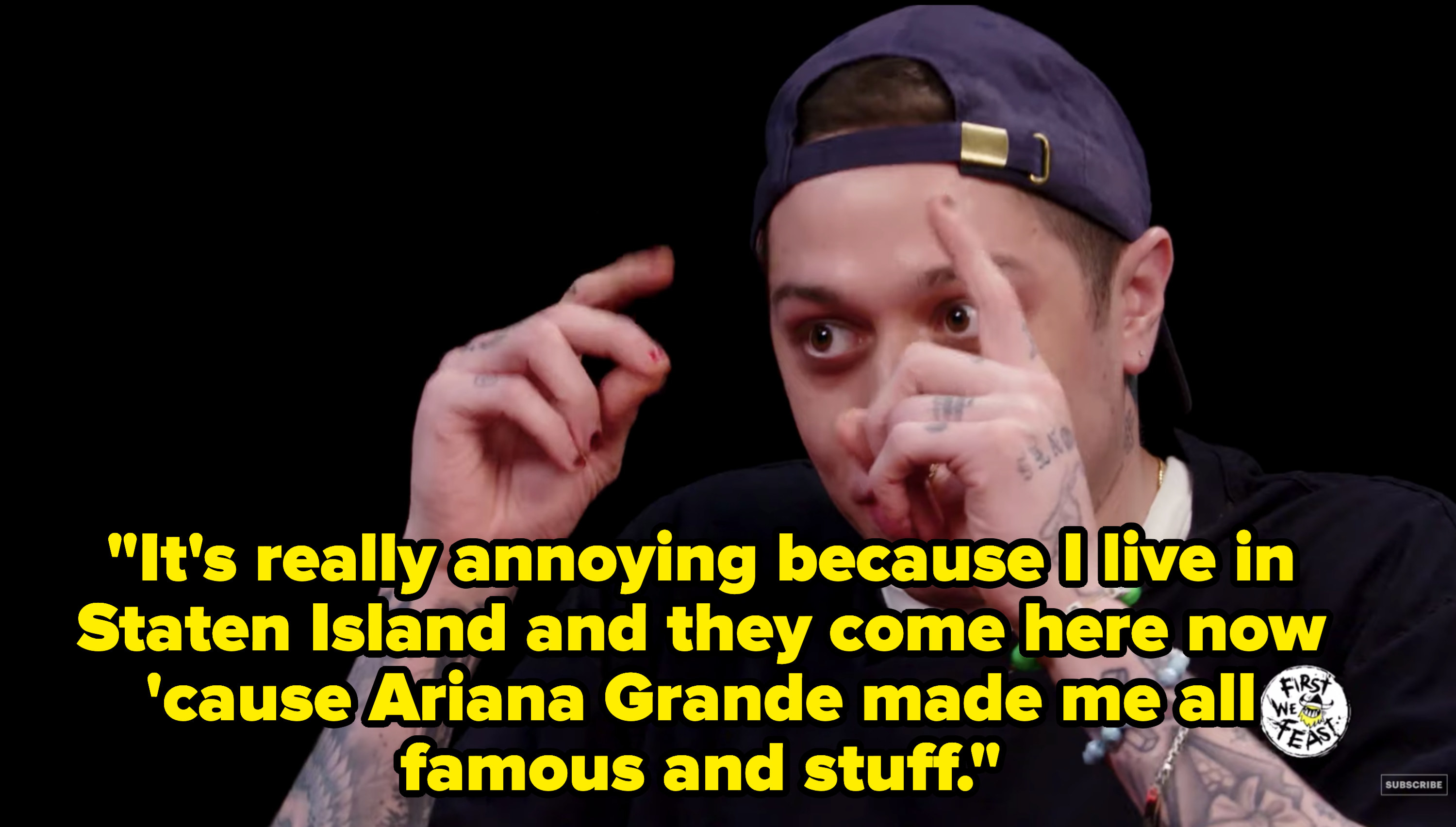 Pete Davidson On Hot Ones Blames Ariana Grande For The Paparazzi Harassing Him And His Family