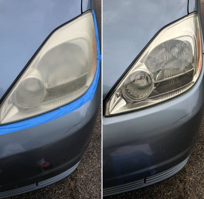 a before and after shot displaying a newly restored headlight