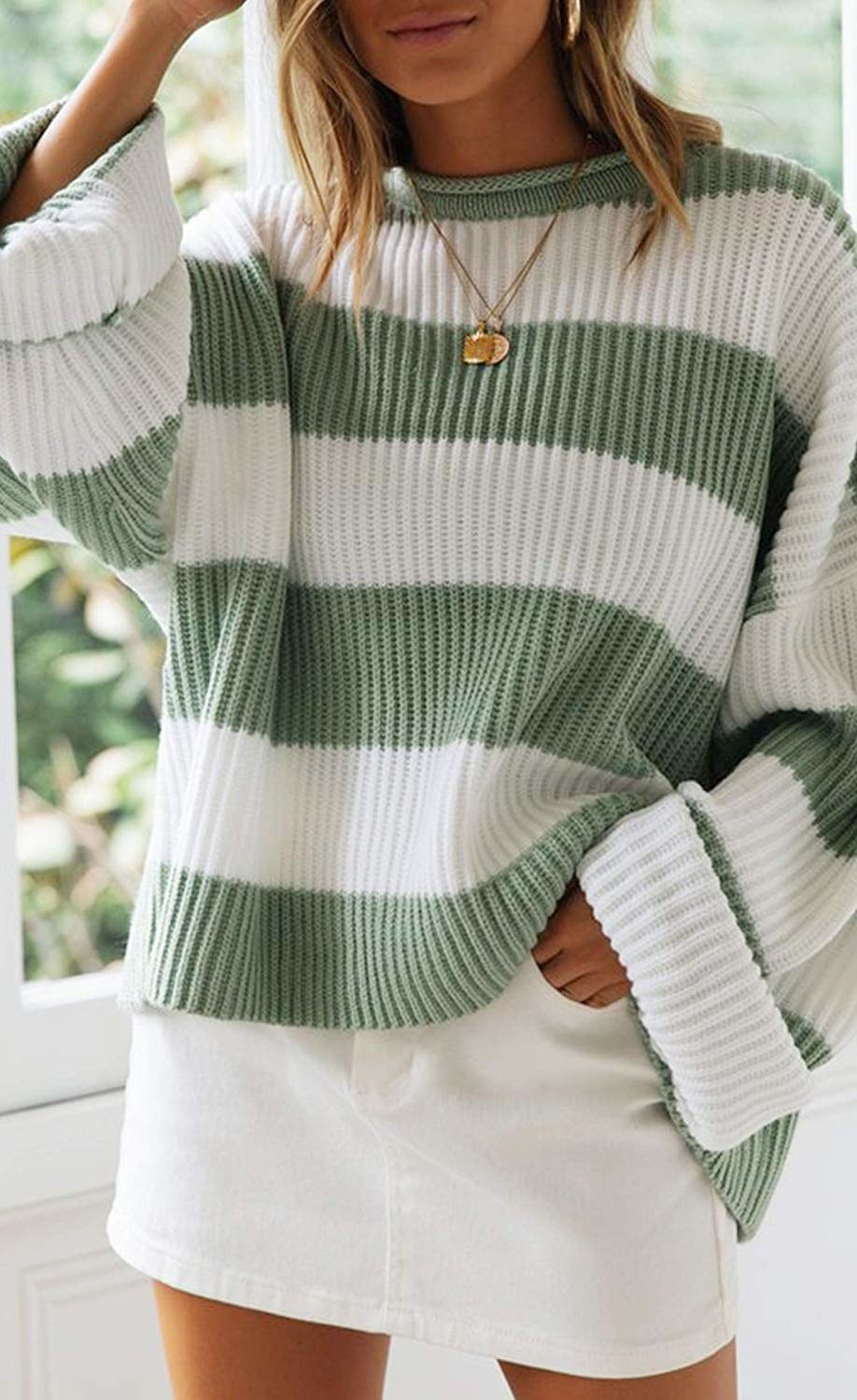oversized striped sweater with green and white stripes