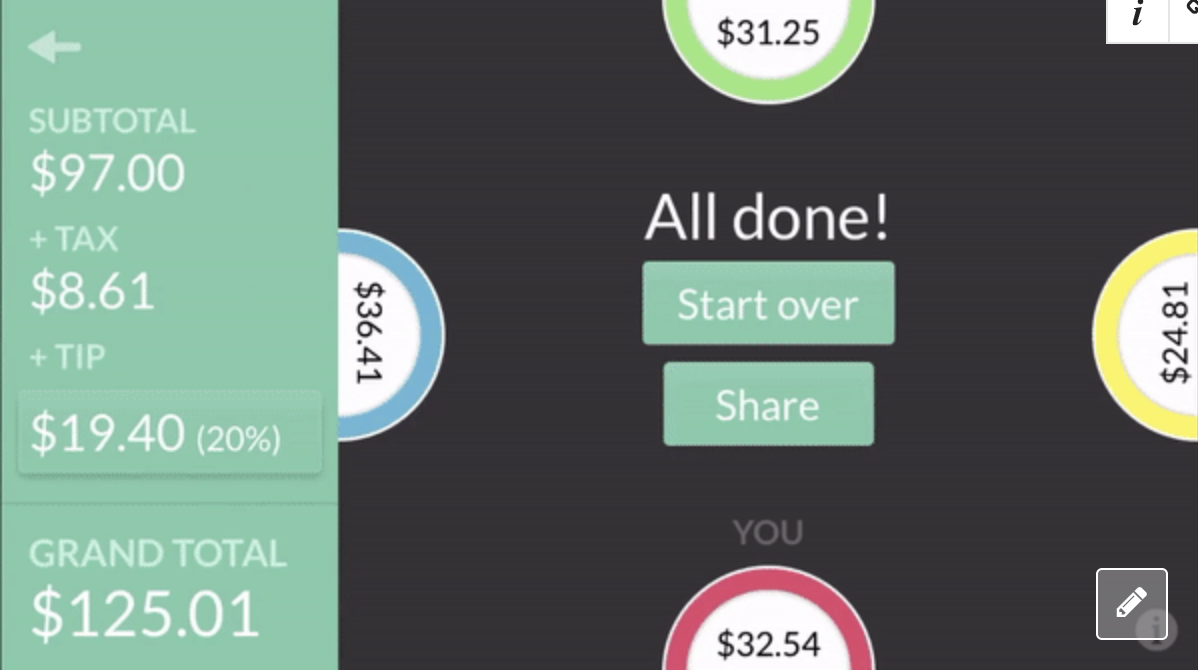 screenshot of the app with a different total at each of the four plates including tip as well as the final amount