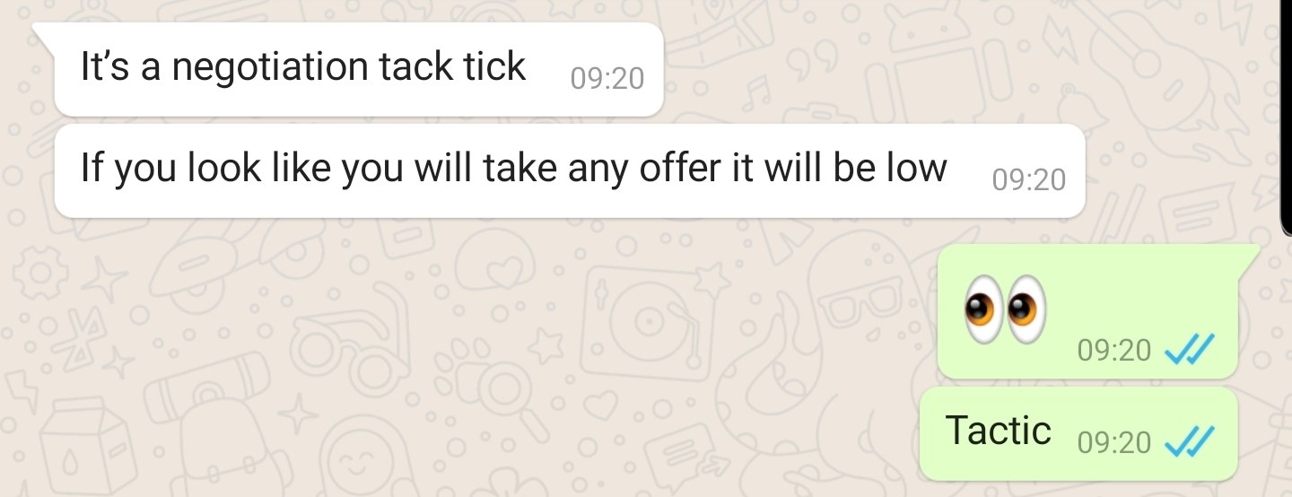 text conversation where one person says they are doing negotiation tack ticks but they mean tactic