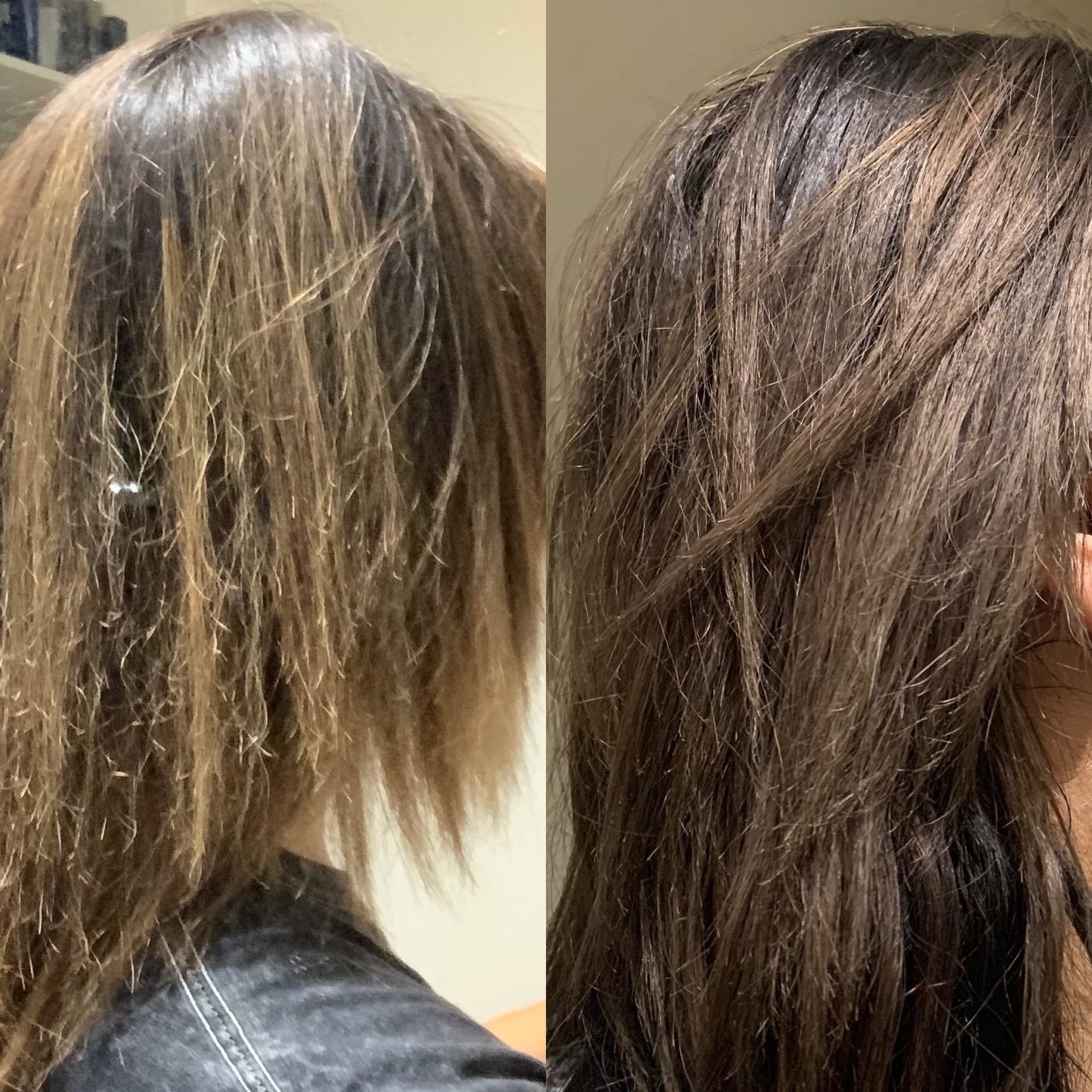 A reviewer's hair before (with split-looking ends and frizz) and after (silky smooth)