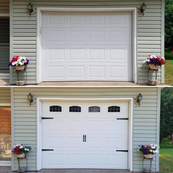 A customer review before and after photo showing garage door with and without the hinges