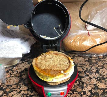 reviewer photo of breakfast sandwich in the red cooker