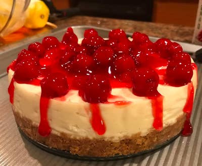 A cheesecake cooked in the pan