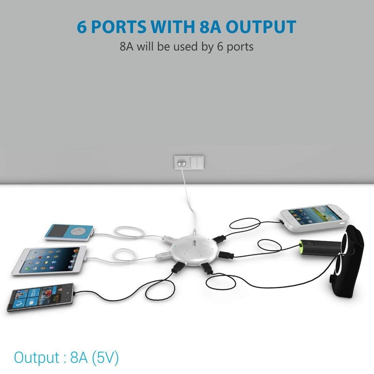 A charging station with six different devices connected to it