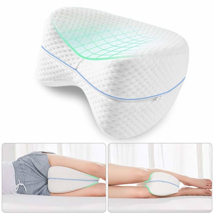 A collage of the memory pillow, with a person sleeping with it between their legs.
