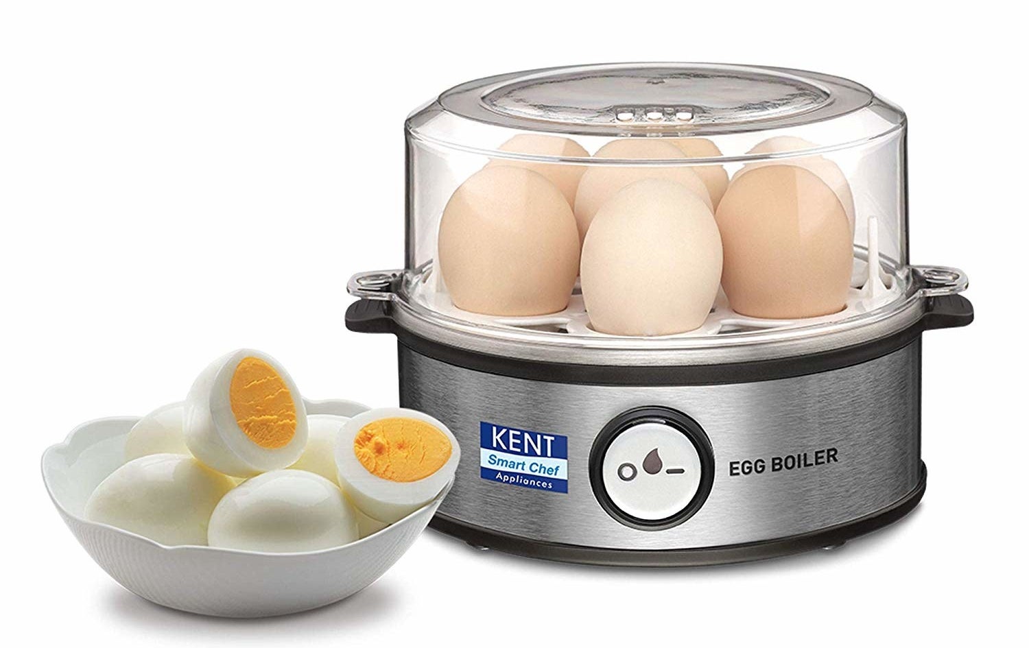 Seven eggs placed inside an egg boiler, next to a bowl with several boiled eggs inside it