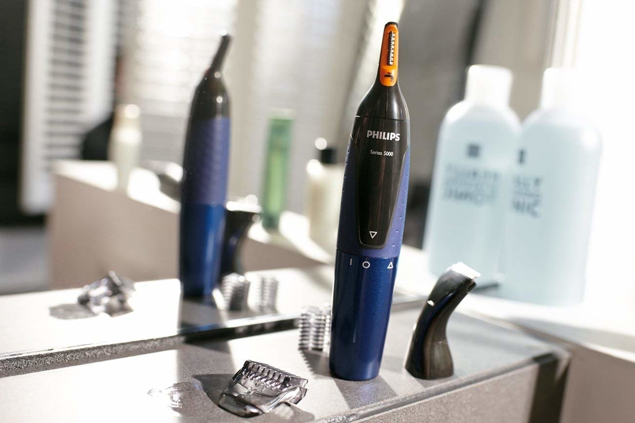 The trimmer on a bathroom counter 