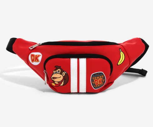 a red fanny pack with patches of donkey kong icons