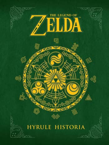 a dark green cover of the book with a symbols from the zelda game in the middle in gold