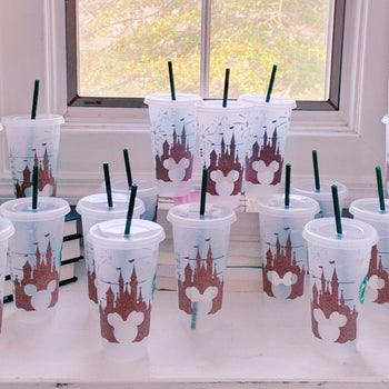 a bunch of rose gold castle cups