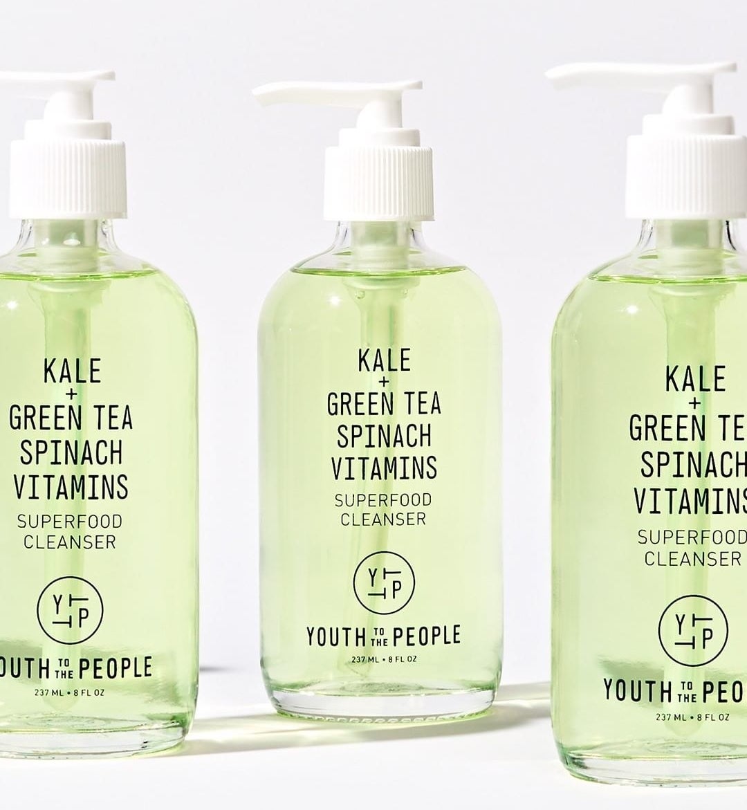 the green bottles of cleanser