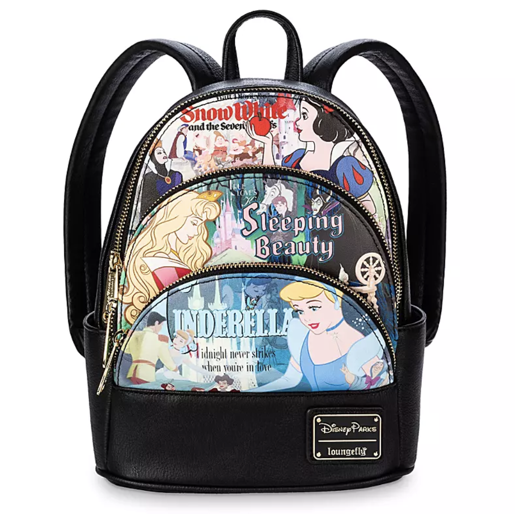 a backpack with three zippered sections: the top is snow white, the middle is sleeping beauty, the bottom is cinderella