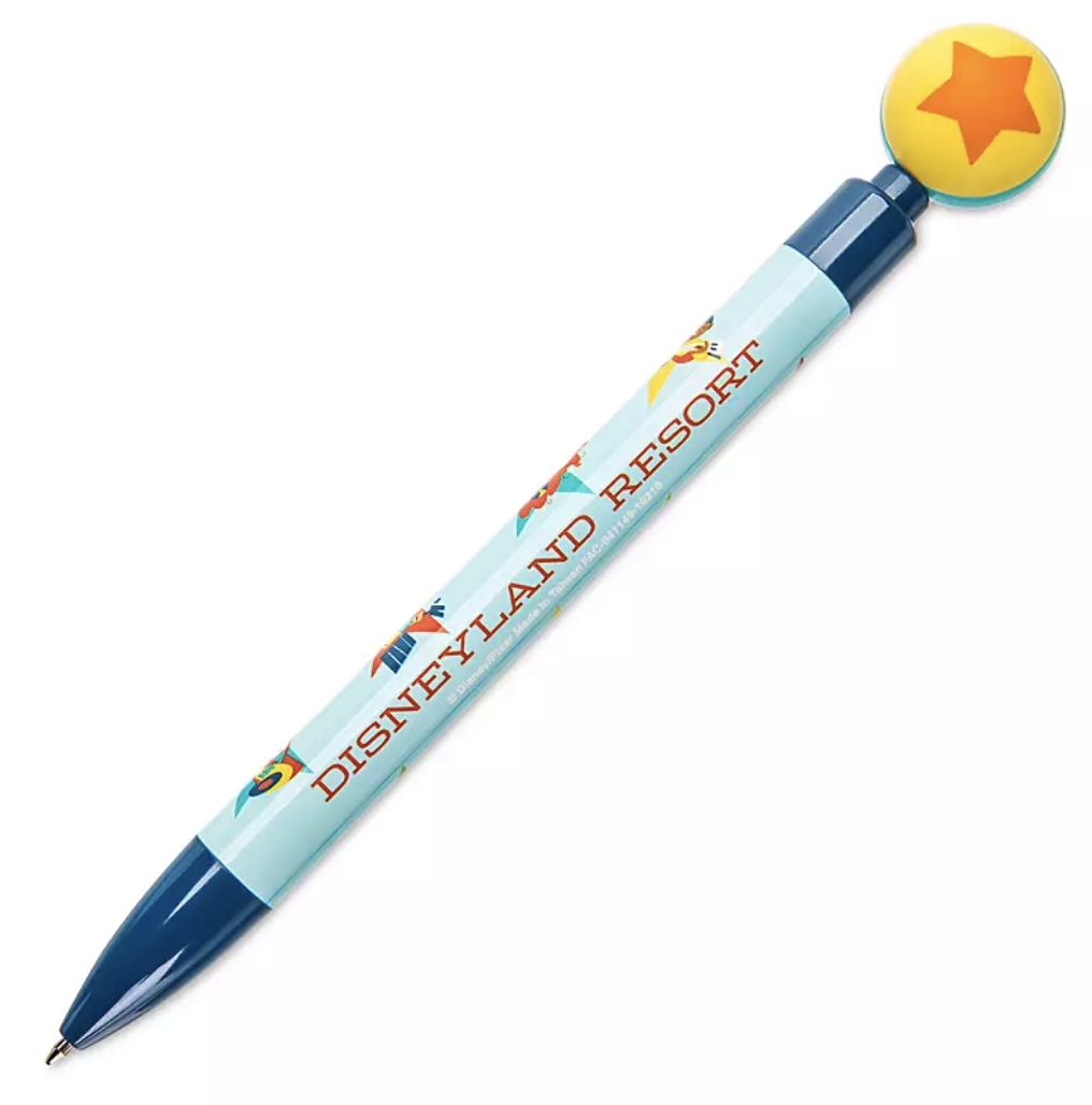 a thick blue pen with the pixar ball on the top to click with and &quot;disneyland resort&quot; written on it