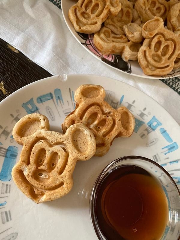 a reviewer&#x27;s photo of mickey waffles
