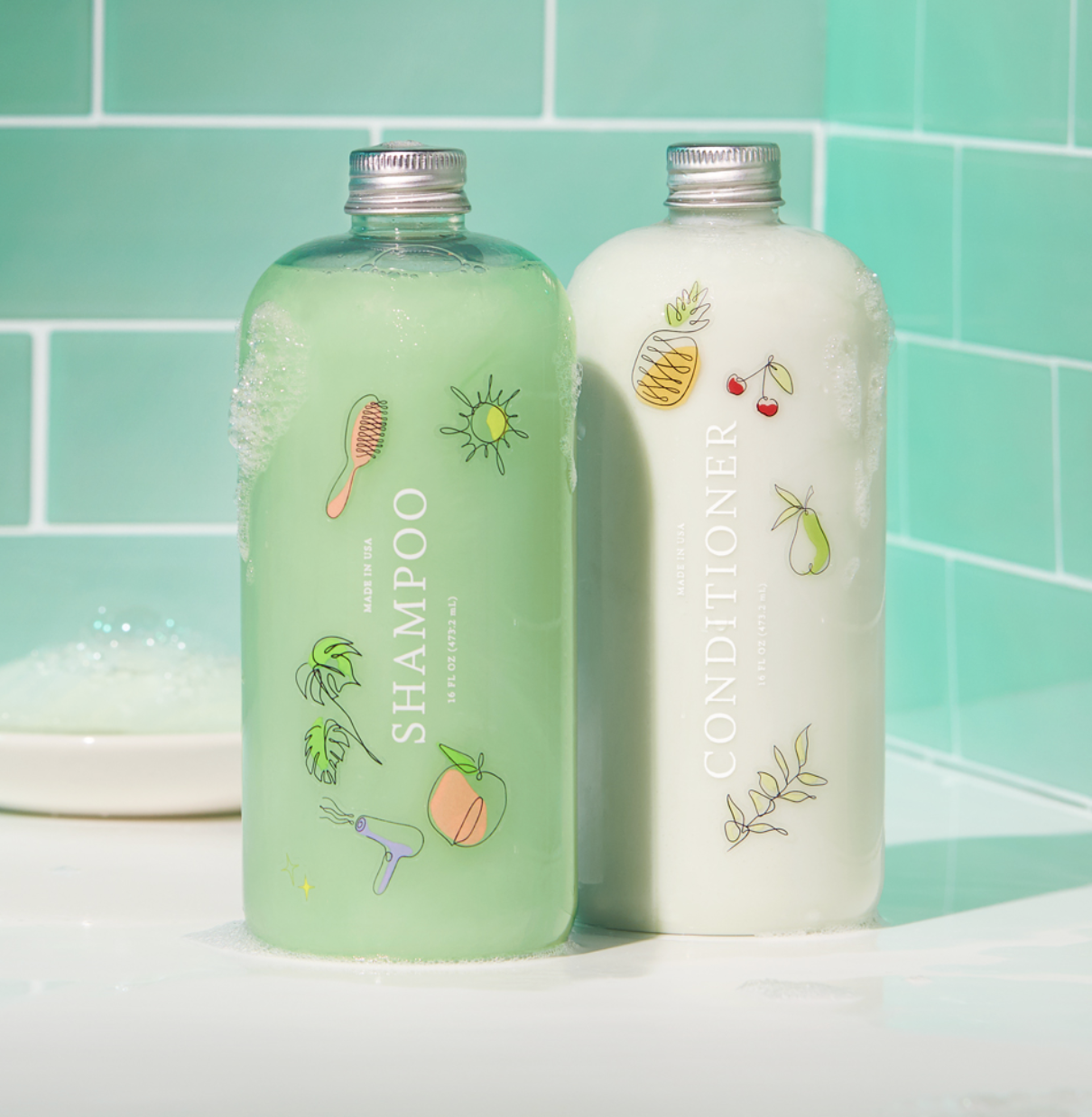 the shampoo and conditioner in green and white
