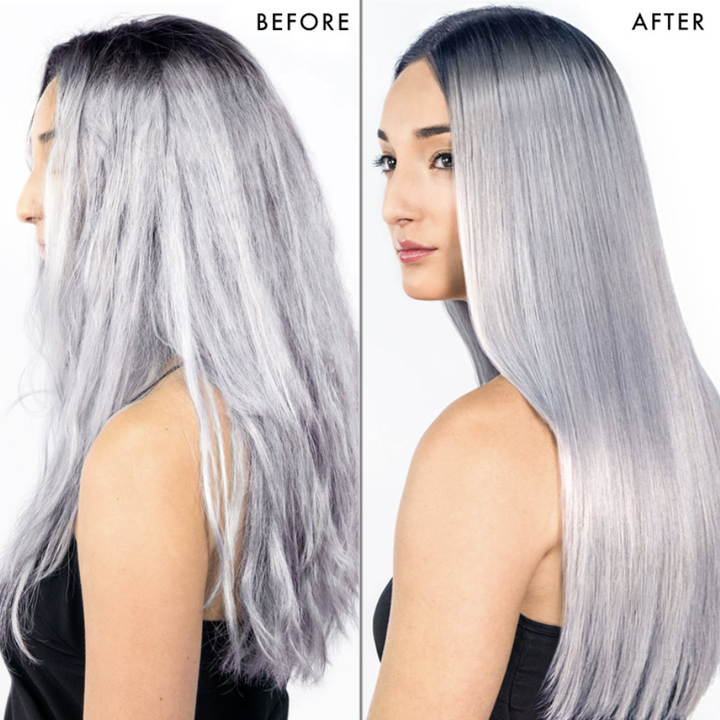 before-and-after pic of model with silver hair: on left, frizzy strands, on right smooth strands after using the spray