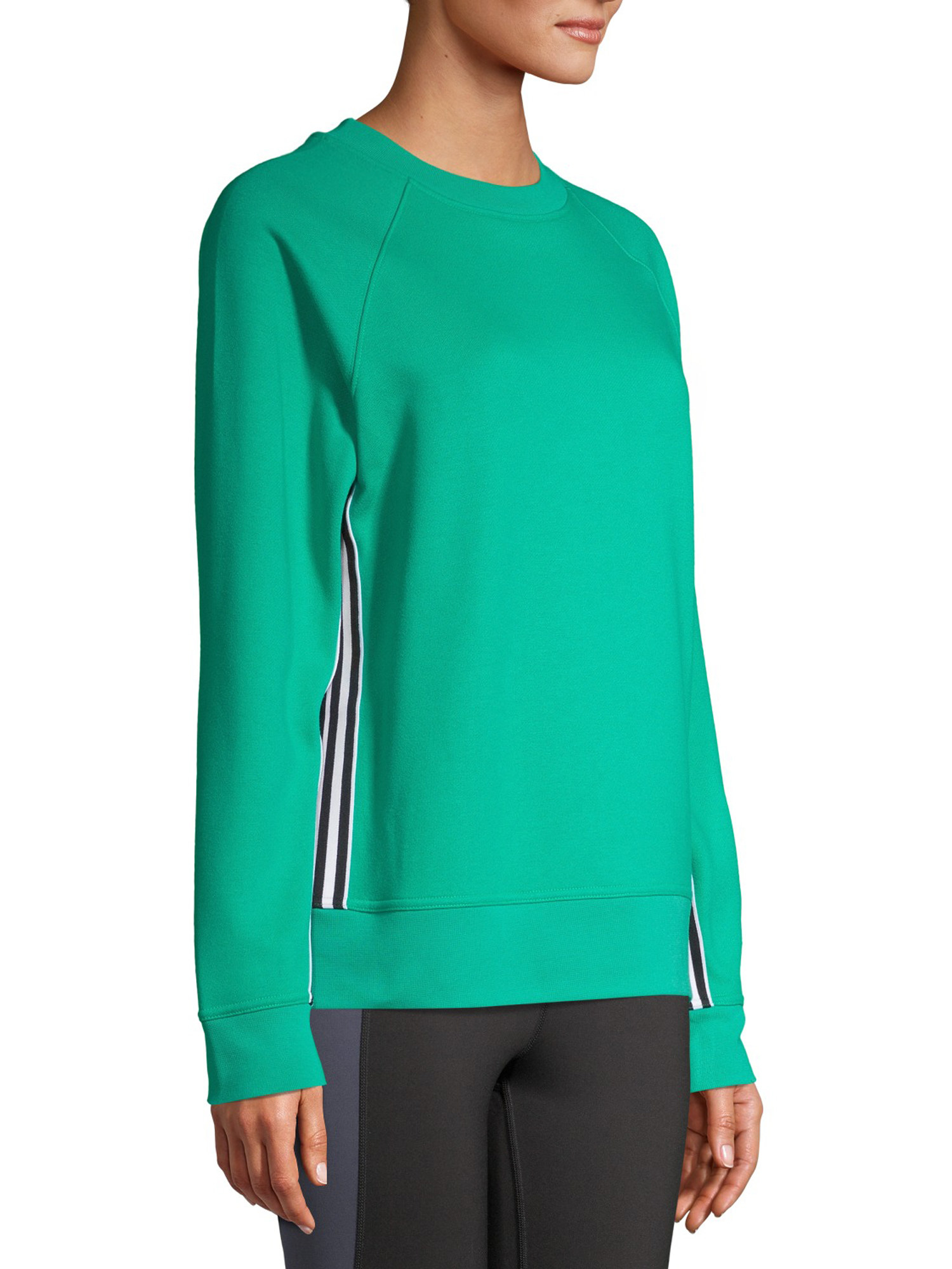 The green sweatshirt with black and white side stripes