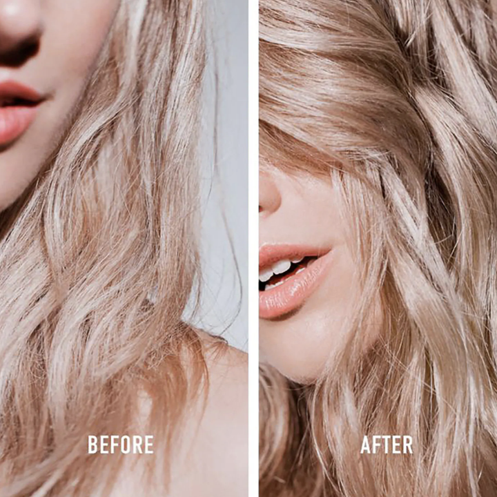 before picture: model's brittle, slightly dry wavy hair, after picture: same model with more defined waves after using same night serum