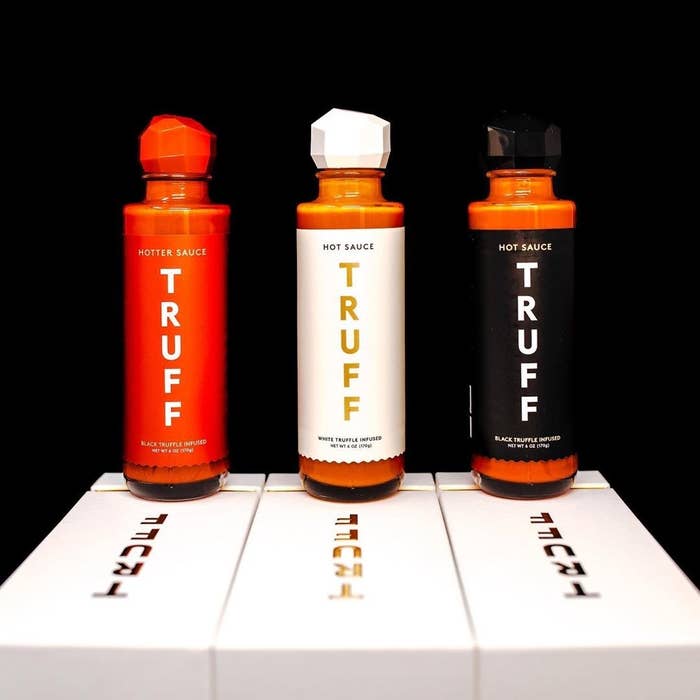 The three Truff hot sauce flavors in their bottles
