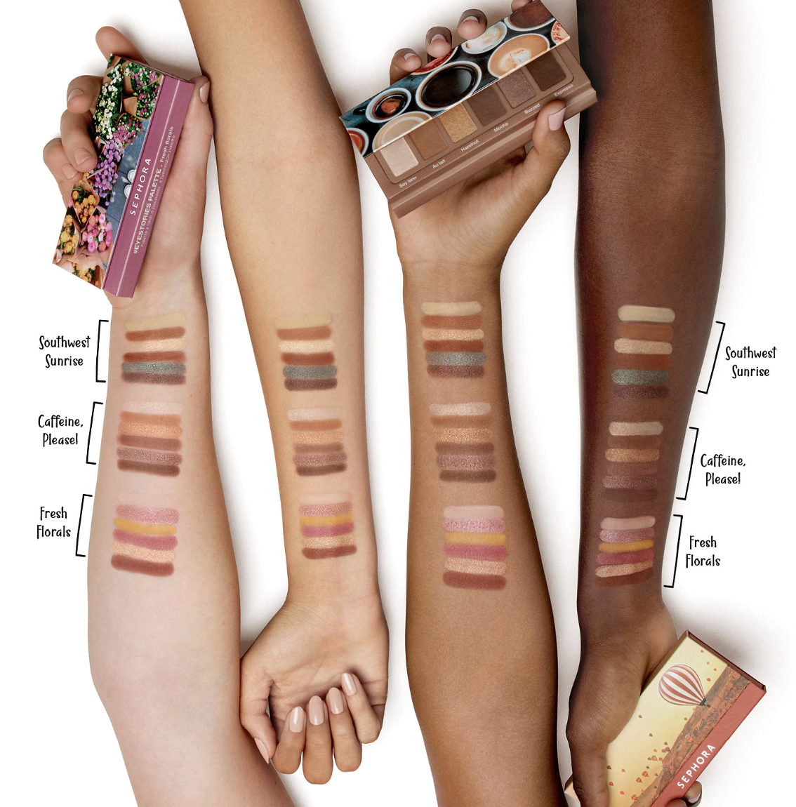 Arm swatches of the eyeshadows in various shades of brown, bronze, cream, pink, and blue 