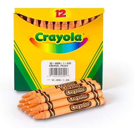 Close-up of peach crayons in front of a box of Crayola crayons