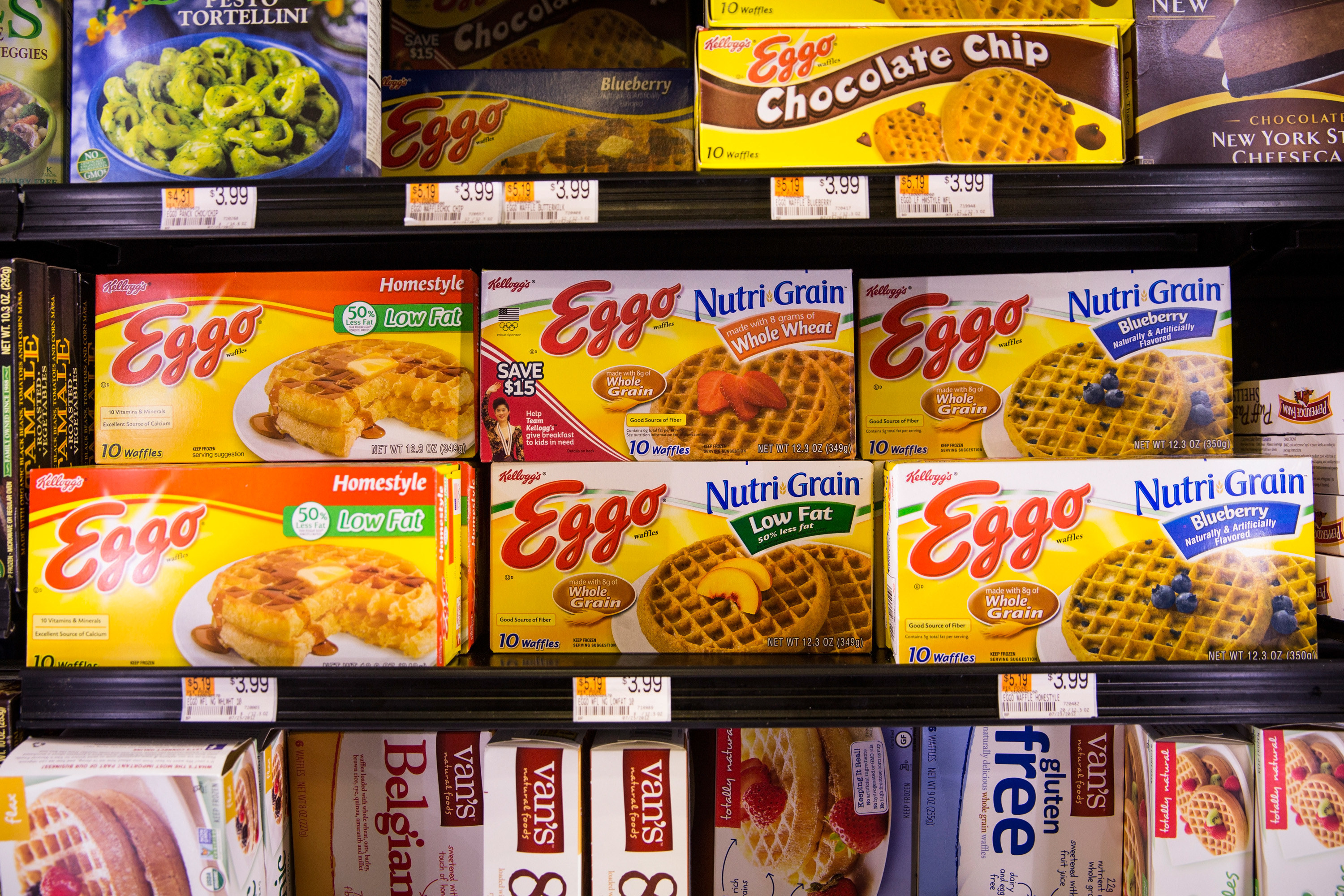 A close-up of Eggo waffles in a store