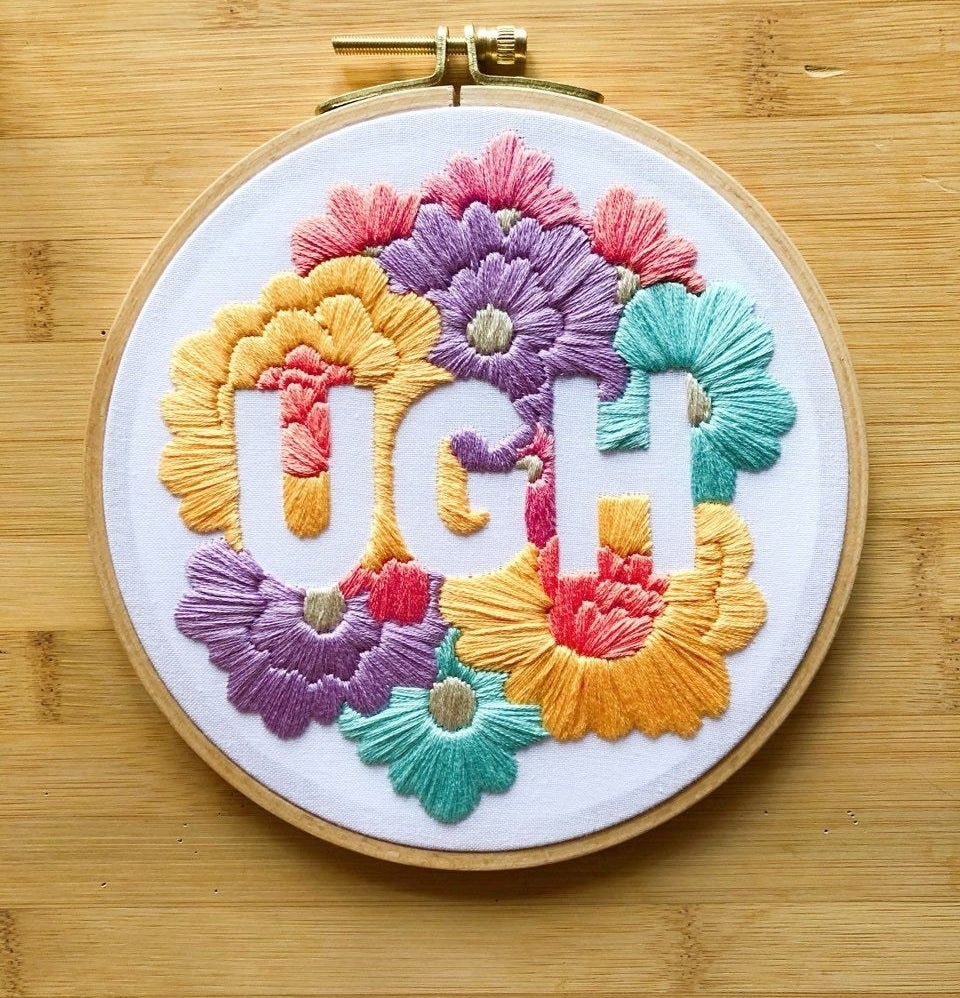 A flora embroidery that says &quot;UGH&quot;