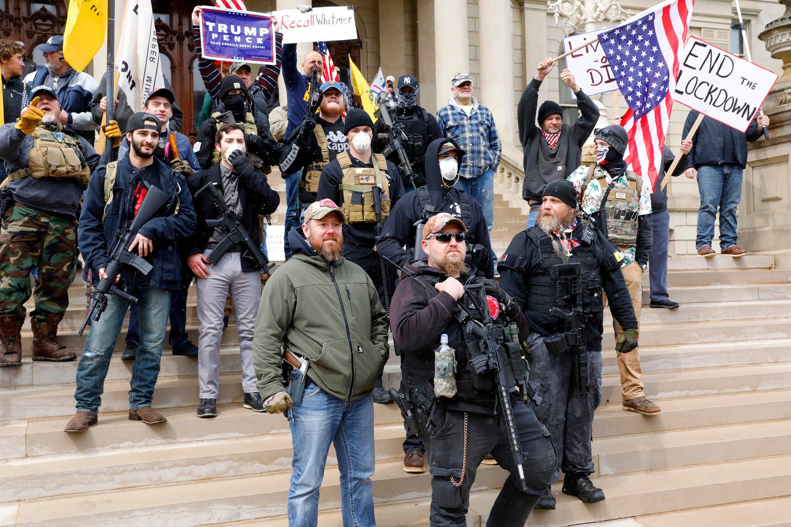 Photo of anti-lock down protests April 16, 2019. Attributed to Jeff Kowalsky / Getty Images and linked from Buzzfeed News. 