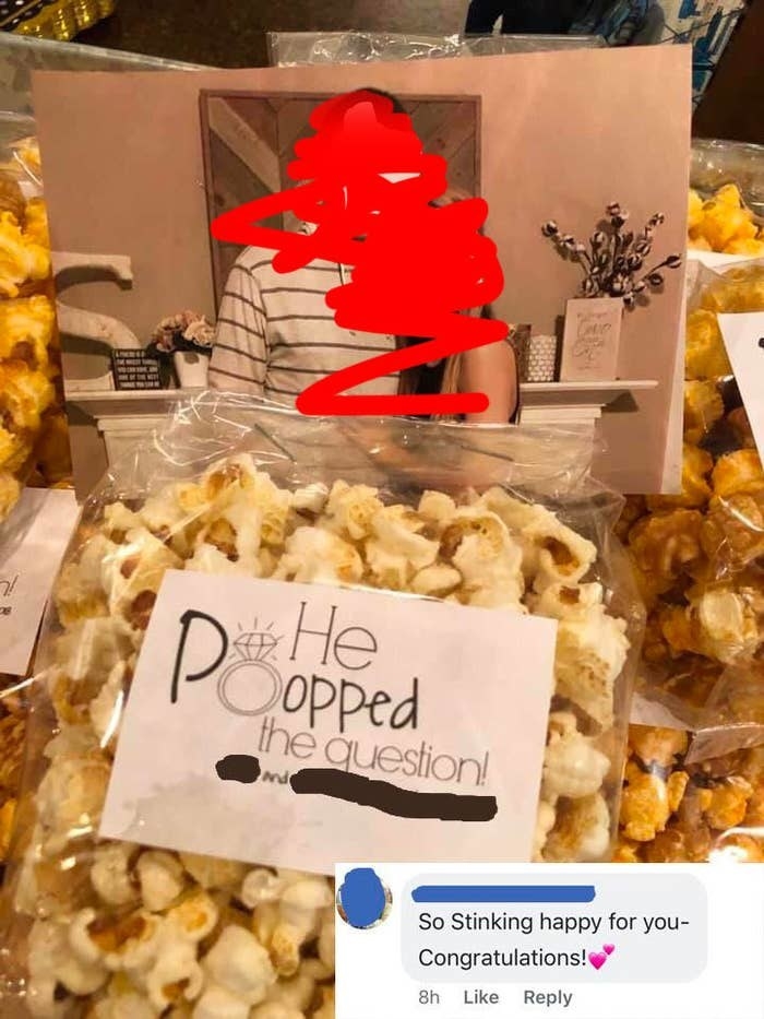 Popcorn bag that says he Pooped the question