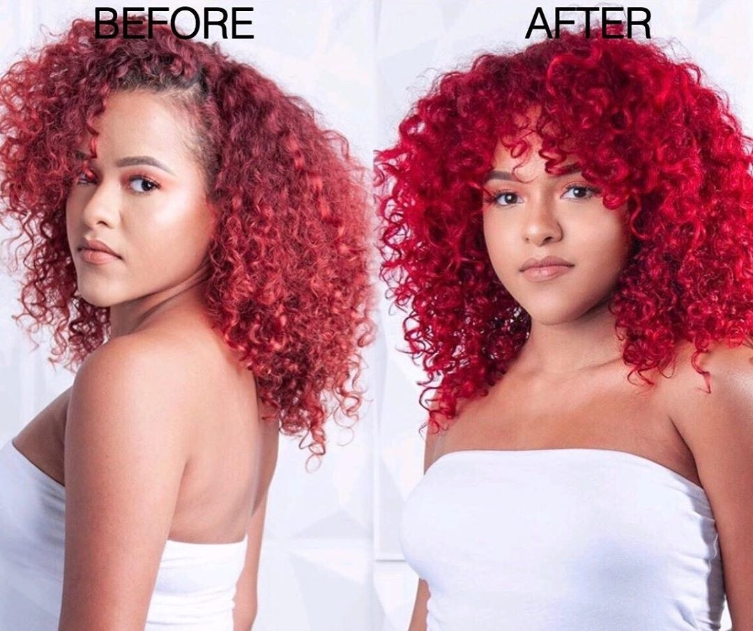 before: model with light red hair after: model with brighter red hair