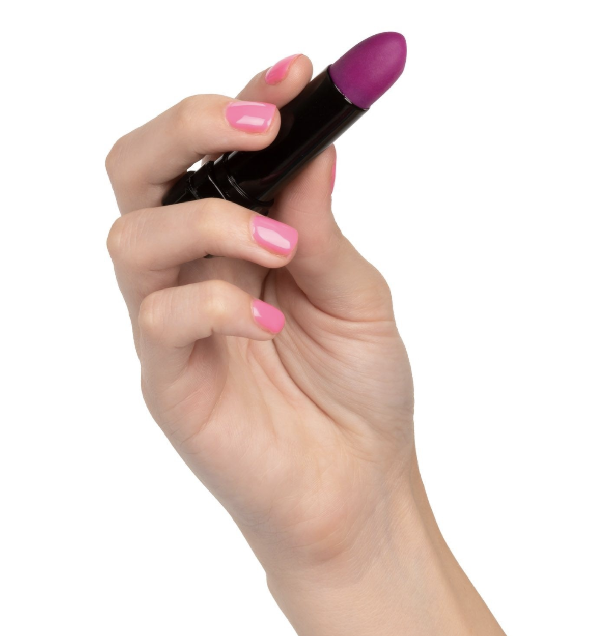 Hand holds purple and black lipstick-shaped vibrator