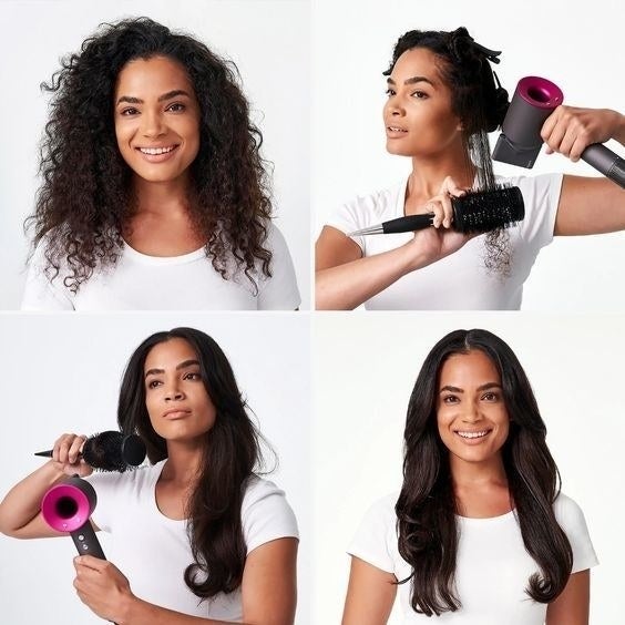 Model using the hair dryer to blowout their natural hair 