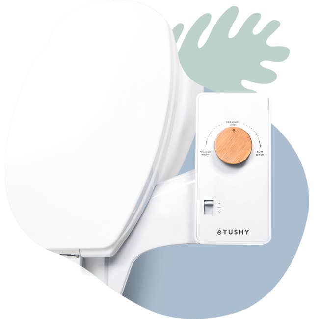 product shot of bidet attachment with knob to adjust visible