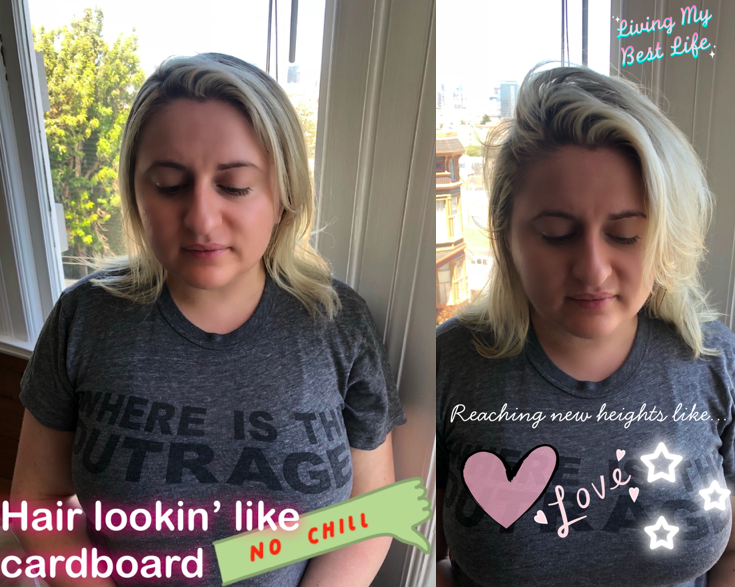 Before and after of BuzzFeed editor showing the spray added volume to her flat hair