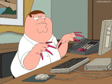 Peter from Family Guy typing on a computer keyboard wearing very long nails 