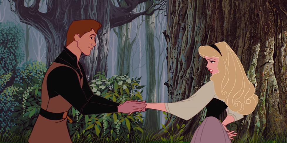 Prince Phillip grabbing Aurora&#x27;s hand in the forest