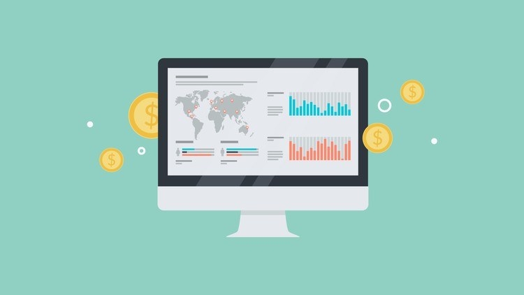 Illustration of a computer monitor depicting a global map and graphs, coins floating around the screen